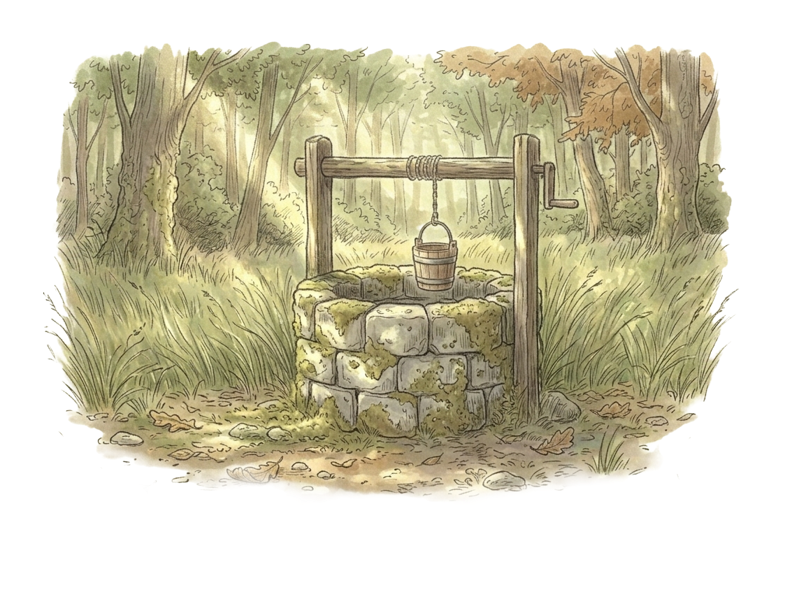 Rubber duck at the edge of a stone well
