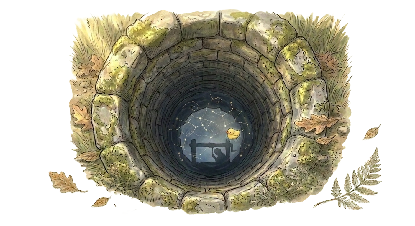 The small yellow rubber duck floating on dark water inside the stone well