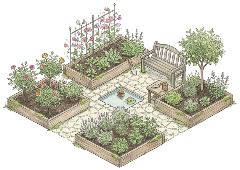 Illustration of a small garden — growth and care